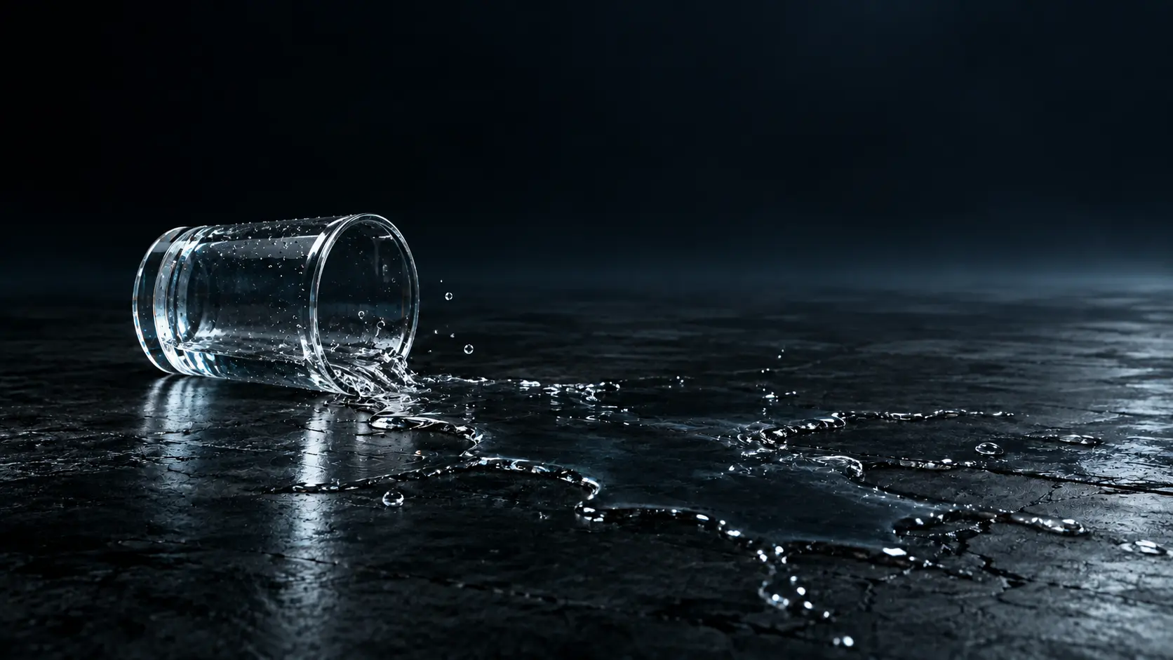 Water spreading into a unique pattern after the glass falls