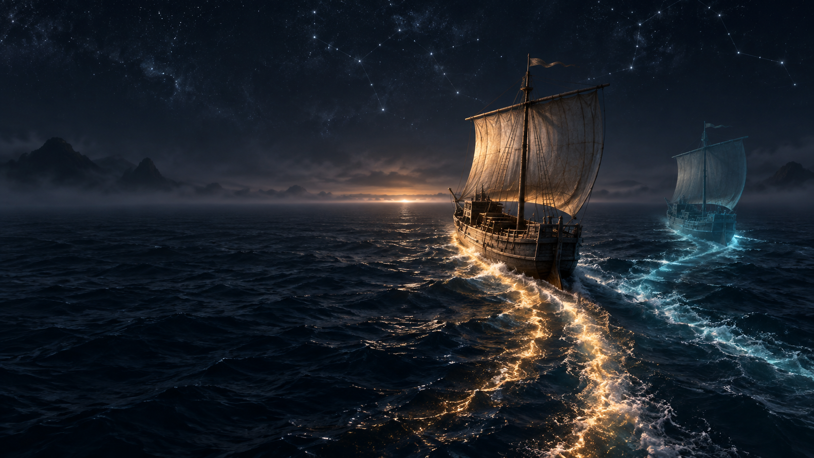Two visually identical ships diverge from a shared luminous wake, representing canonical lineage and fork divergence.
